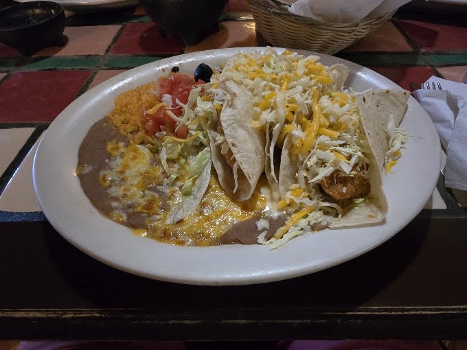 Fish tacos with rice and beans